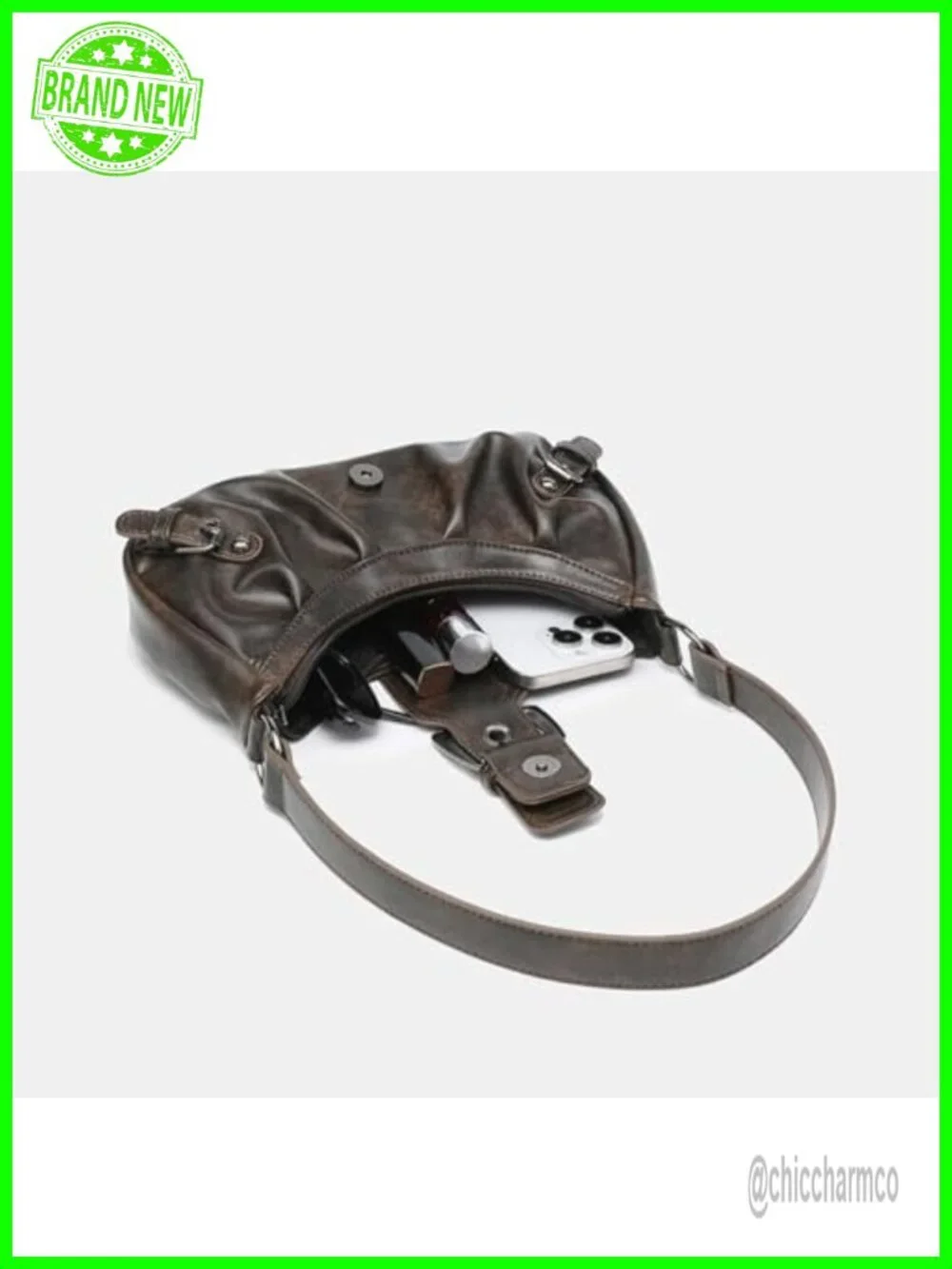 Y2K Faux Leather Hobo Shoulder Bag Metal Buckle Small Punk Purse
